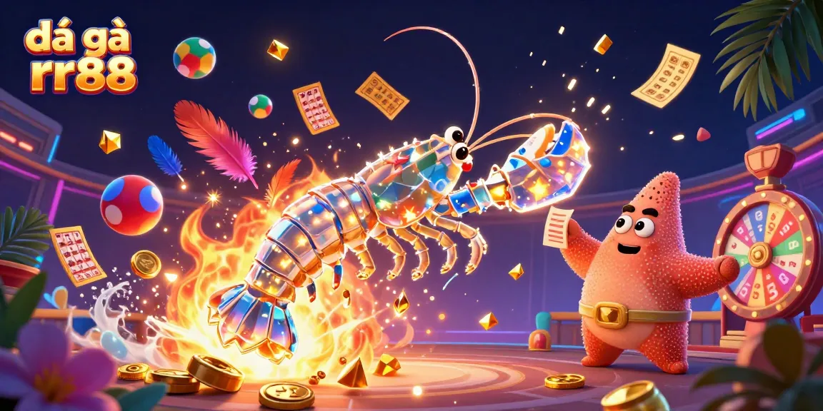 Experience the thrilling action of đá gà rr88 with vibrant graphics of a mantis shrimp and starfish in a dynamic arena.