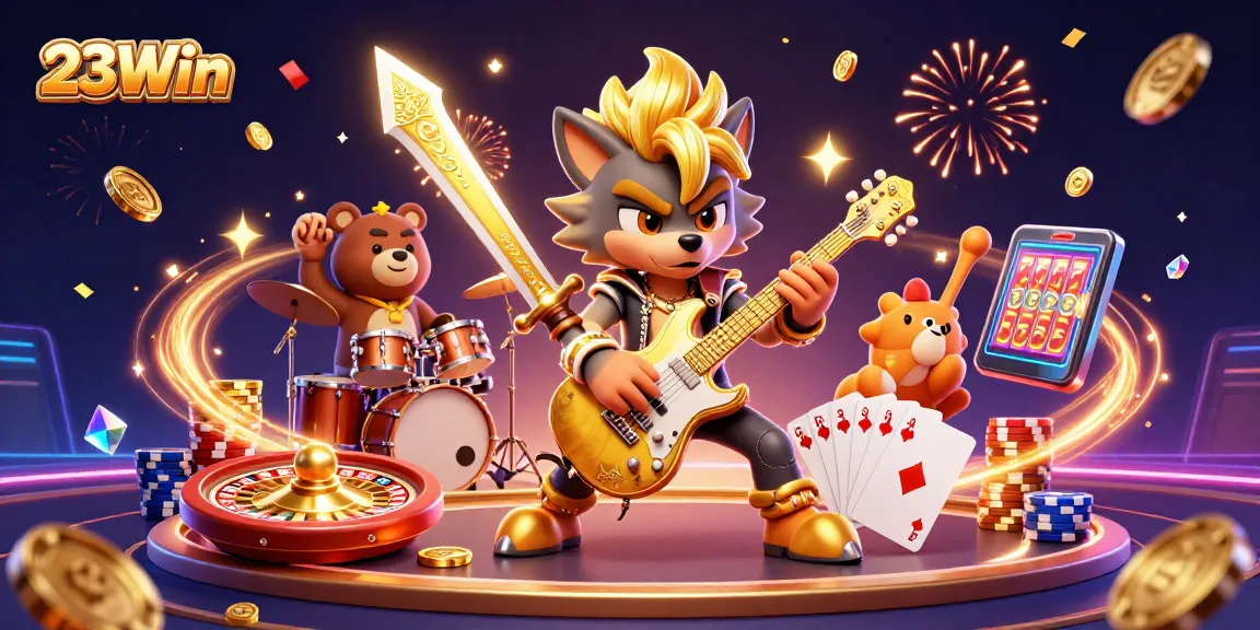 Experience the excitement at 23Win with vibrant casino elements showcasing a rock star performance.