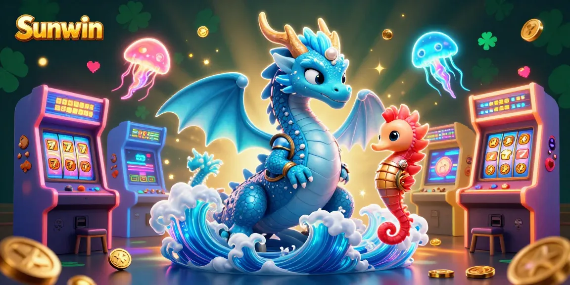 Engage with Sunwin's vibrant gaming world, featuring the magical water dragon and seahorse knight amidst arcade games and jackpots.