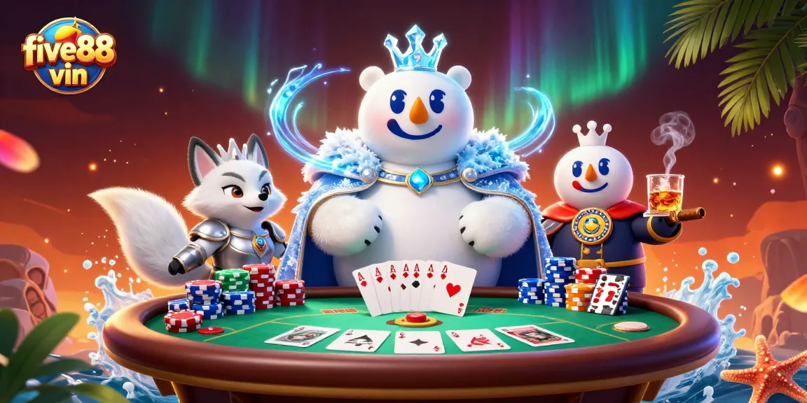 Engage with five88 vin in a vibrant poker scene featuring a cartoon ice king and snow fox.