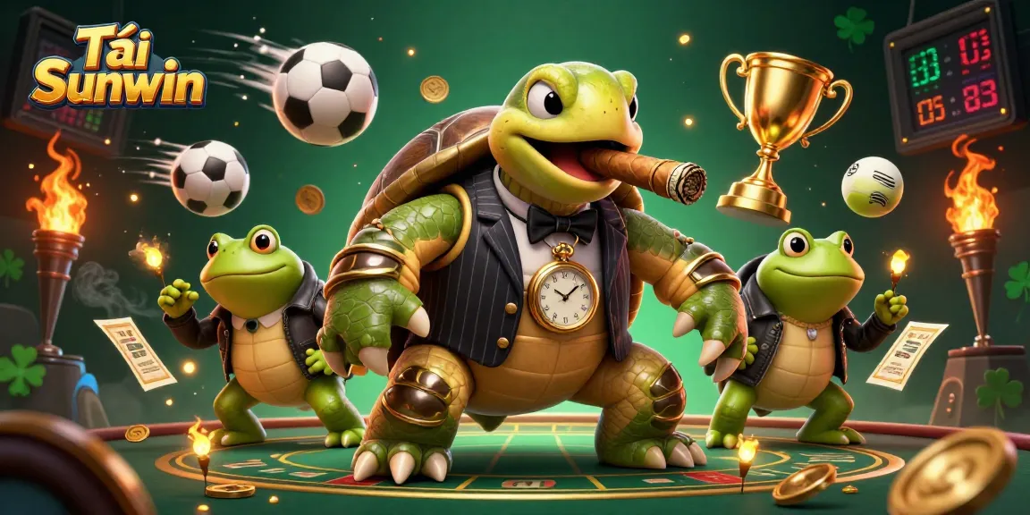 Tải Sunwin with a snapping turtle mobster and bullfrog enforcers surrounded by vibrant sports betting elements.