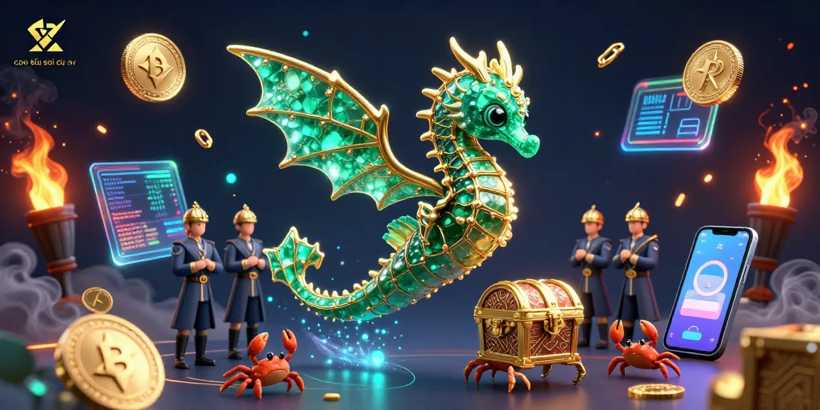 Engage with cao thủ soi cầu through a vibrant 3D illustration showcasing a sea dragon amidst cryptocurrencies and exciting game elements.