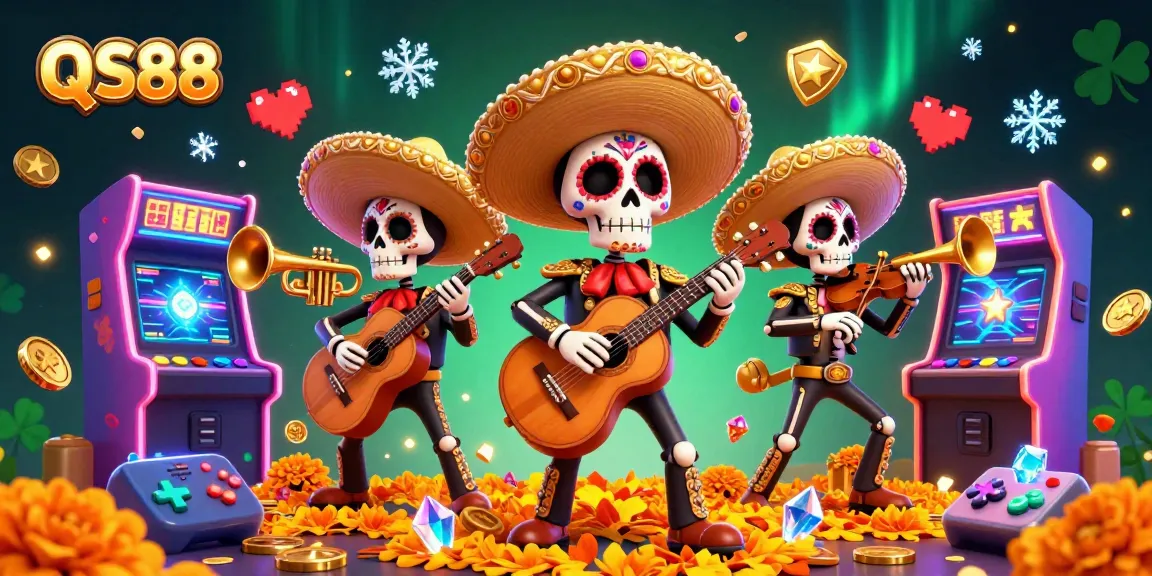 Interactive QS88 casino scene with mariachi skeletons and vibrant gaming elements.